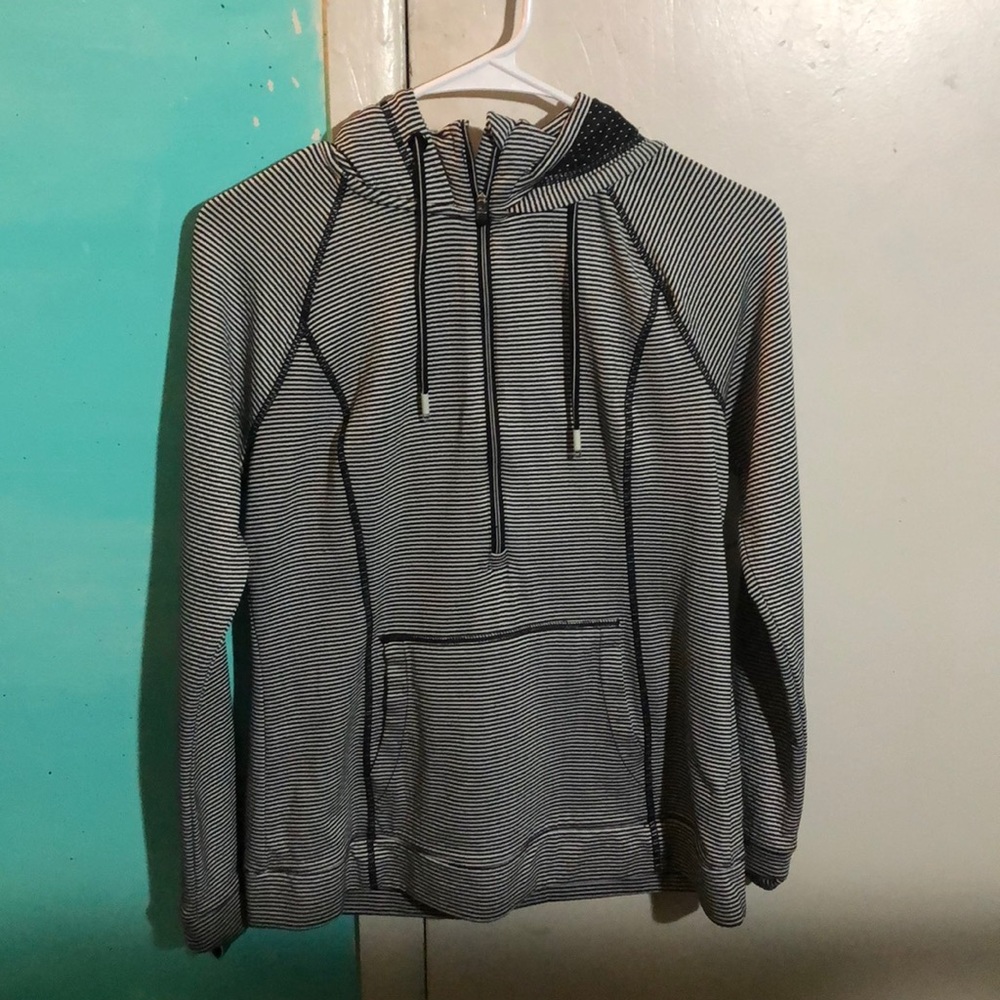 hooded half zip up w/ stripes